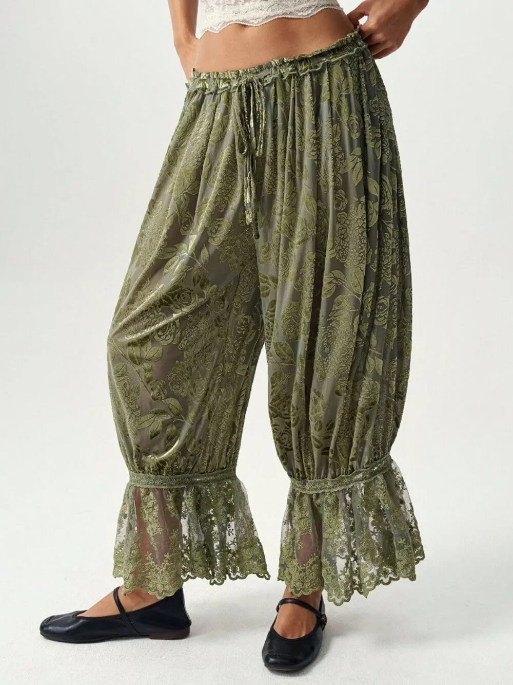 Green Casual Women's Boho Drawstring Waist Floral Lace Patchwork Long Pants